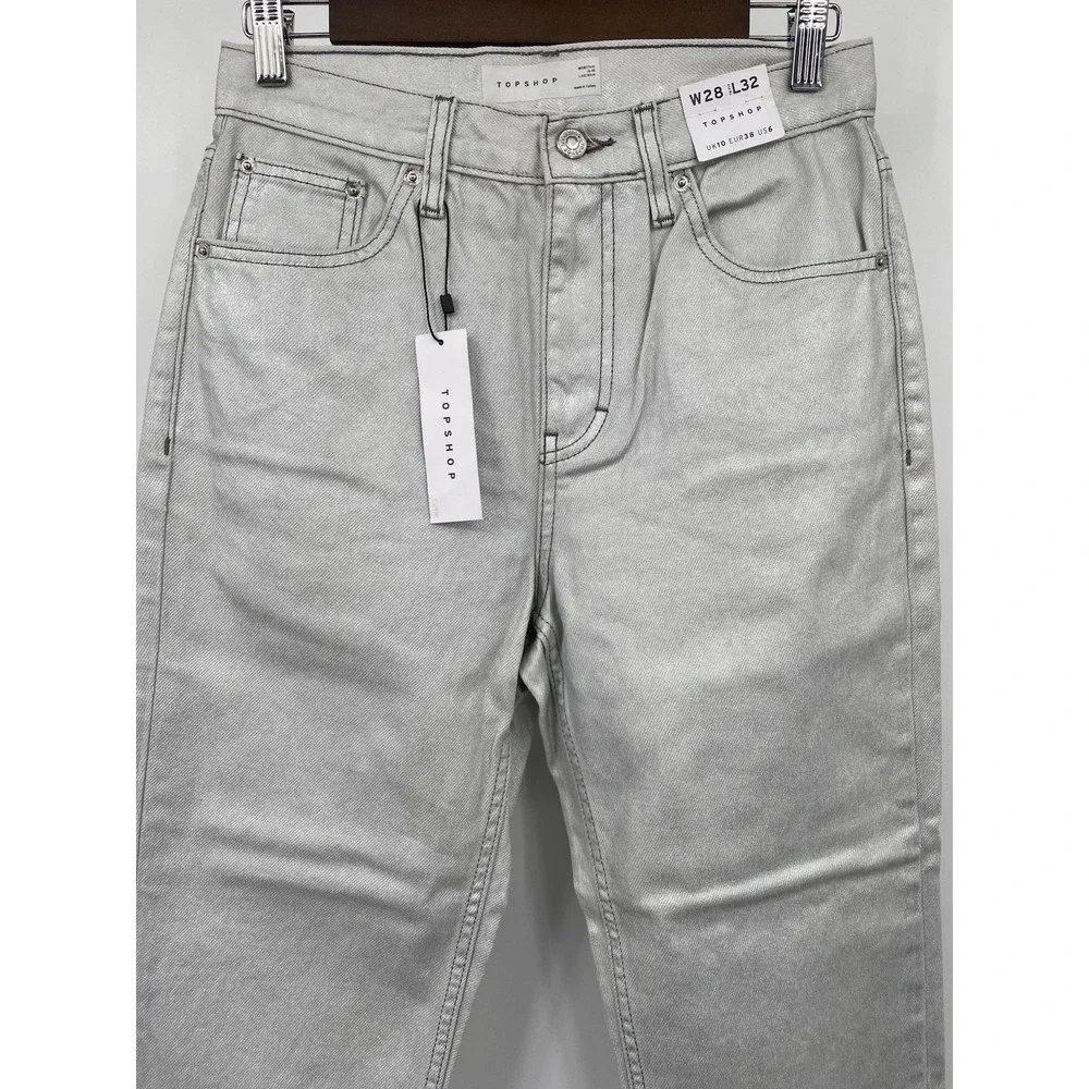 NWT Metallic silver‎ sparkly denim Top-shop straight jeans Size 28x32